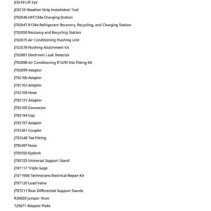 K&ouml;nnte beinhalten: Eine Liste von Kfz-Reparaturwerkzeugen und -komponenten, einschlie&szlig;lich Adaptern, Schl&auml;uchen und Messger&auml;ten. Der Text umfasst Artikel wie einen K&uuml;hlerdruckpr&uuml;fadapter, Ladestationen und einen Elektriker-Reparatursatz.