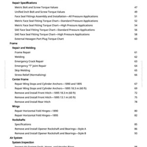 K&ouml;nnte beinhalten: Eine wei&szlig;e gedruckte Seite aus einem Handbuch, die Reparaturangaben f&uuml;r Traktoren detailliert. Der Text enth&auml;lt Abschnitte &uuml;ber Drehmomentwerte, Rahmenreparatur und die Inspektion des Luftsystems. Die Seitenzahl ist 3.