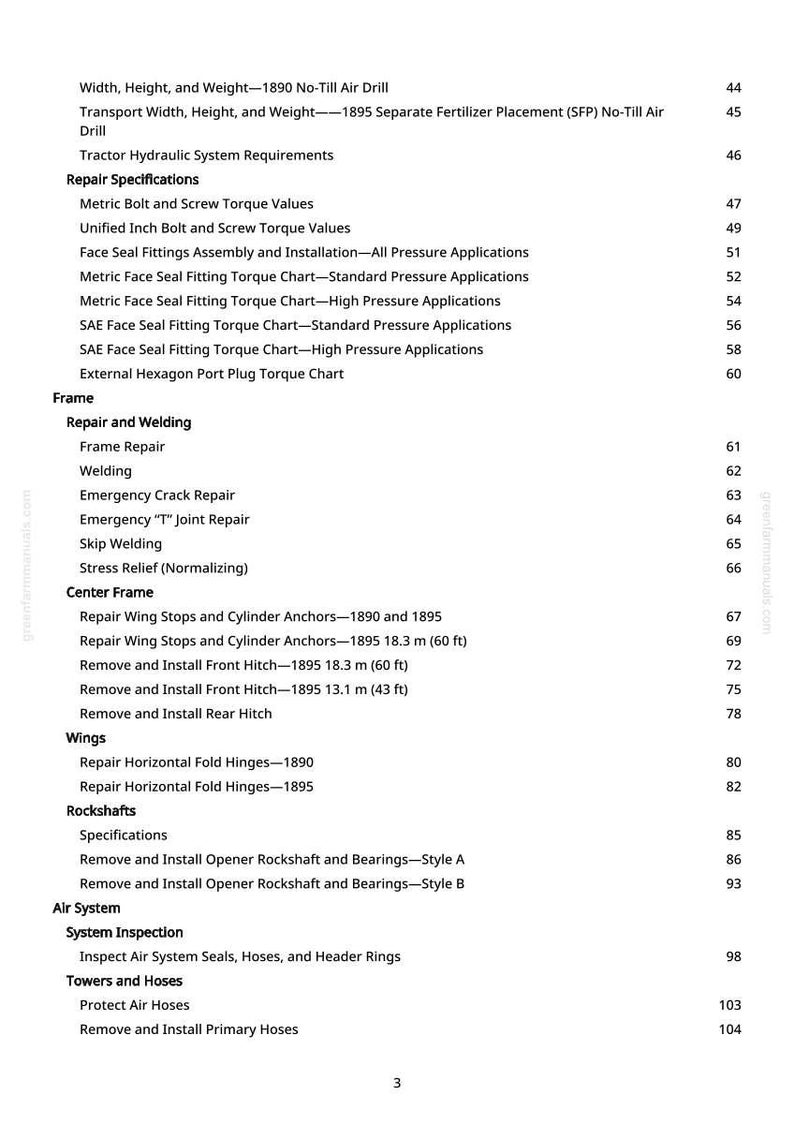 K&ouml;nnte beinhalten: Eine wei&szlig;e gedruckte Seite aus einem Handbuch, die Reparaturangaben f&uuml;r Traktoren detailliert. Der Text enth&auml;lt Abschnitte &uuml;ber Drehmomentwerte, Rahmenreparatur und die Inspektion des Luftsystems. Die Seitenzahl ist 3.