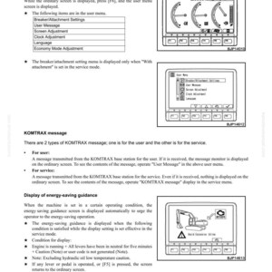 Puede incluir: P&aacute;gina de un manual t&eacute;cnico con diagramas y texto que explican las funciones de monitorizaci&oacute;n de la m&aacute;quina. La p&aacute;gina incluye capturas de pantalla de la pantalla de la m&aacute;quina, que muestran varios ajustes y mensajes. Los diagramas son en blanco y negro.