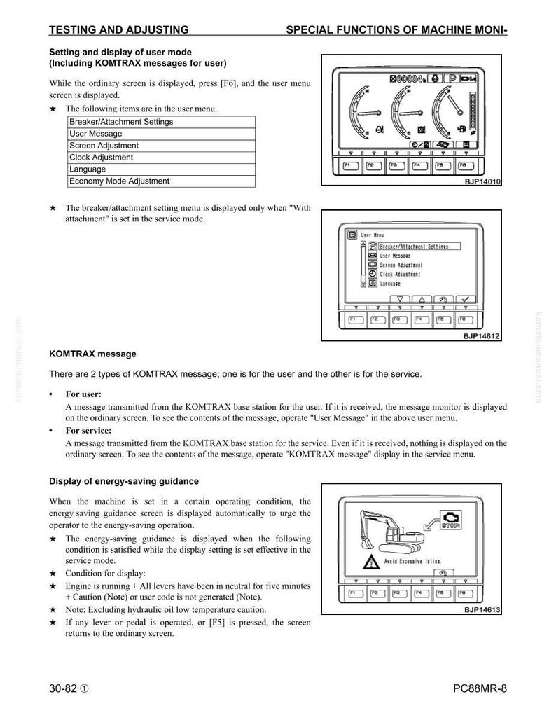 Puede incluir: P&aacute;gina de un manual t&eacute;cnico con diagramas y texto que explican las funciones de monitorizaci&oacute;n de la m&aacute;quina. La p&aacute;gina incluye capturas de pantalla de la pantalla de la m&aacute;quina, que muestran varios ajustes y mensajes. Los diagramas son en blanco y negro.