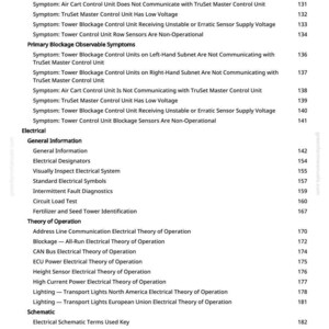 May include: A page from a manual with a white background, listing electrical system diagnostics and schematics. The text includes topics like 'Tower Blockage Control Units,' 'Electrical Designators,' and 'Fertilizer and Seed Tower Identification.' The page number is 5.