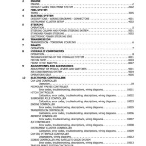 May include: A detailed table of contents from a manual, listing sections and page numbers. Topics include engine, fuel system, electric system, steering, transmission, brakes, hydraulic components, adjustments, and electronic controllers.