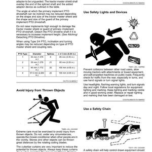 May include: A safety manual page with safety guidelines for tractor operation. It includes diagrams and text about PTO safety, avoiding thrown objects, and using safety lights and chains. Measurements are in inches.