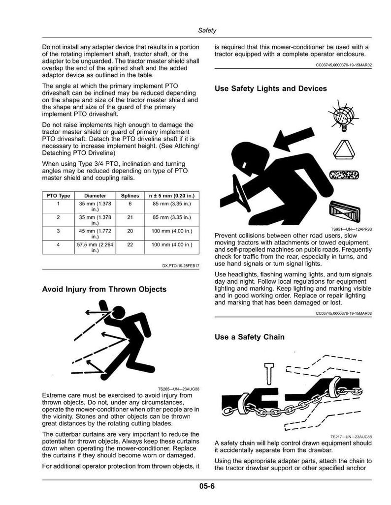 May include: A safety manual page with safety guidelines for tractor operation. It includes diagrams and text about PTO safety, avoiding thrown objects, and using safety lights and chains. Measurements are in inches.