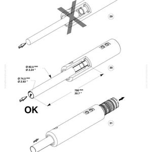 May include: Technical diagram of a cylindrical mechanical component with detailed assembly instructions. The diagram includes measurements in inches and millimeters, with the text "OK" indicating correct assembly.