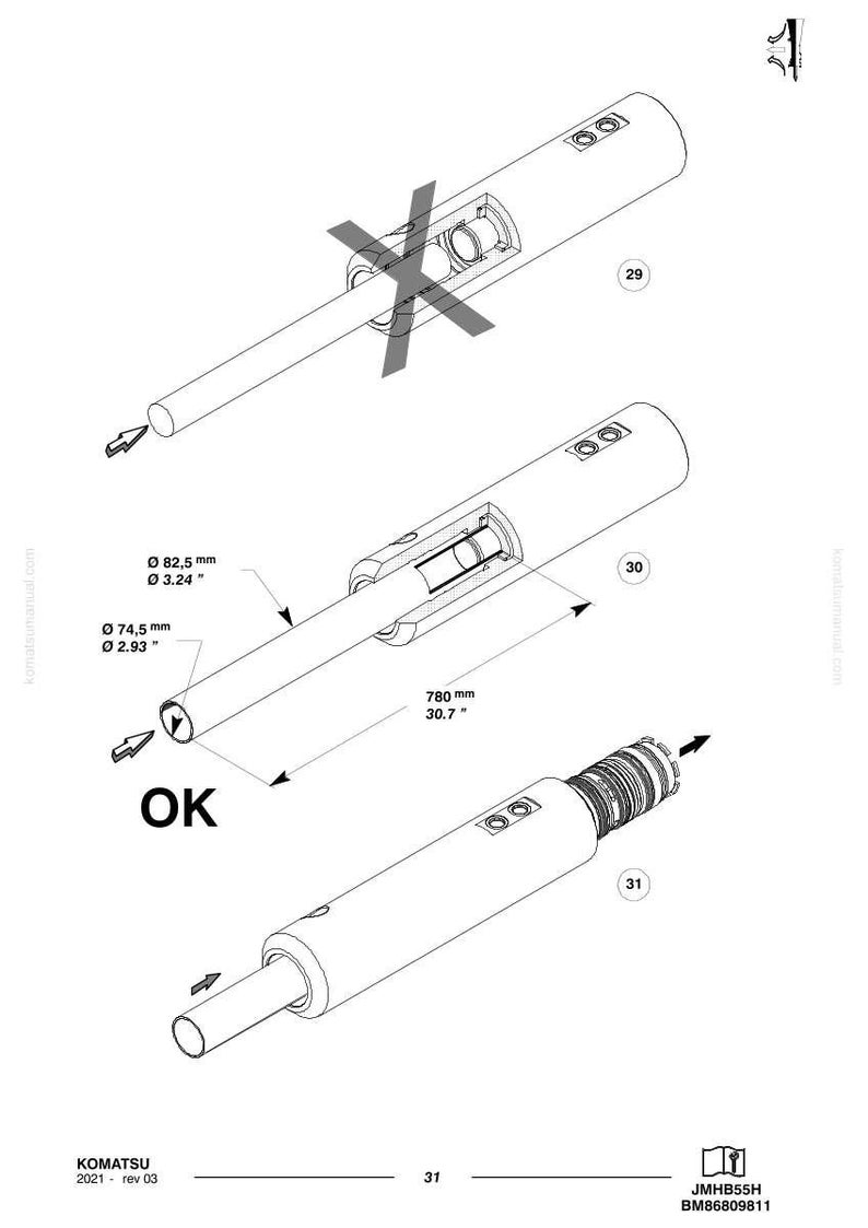 May include: Technical diagram of a cylindrical mechanical component with detailed assembly instructions. The diagram includes measurements in inches and millimeters, with the text "OK" indicating correct assembly.