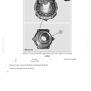 May include: Technical diagram illustrating the disassembly of a spur gear angle drive housing. The image shows the components, including a flanged shaft and snap ring, with labels and instructions for the process. The diagram is in black and white.