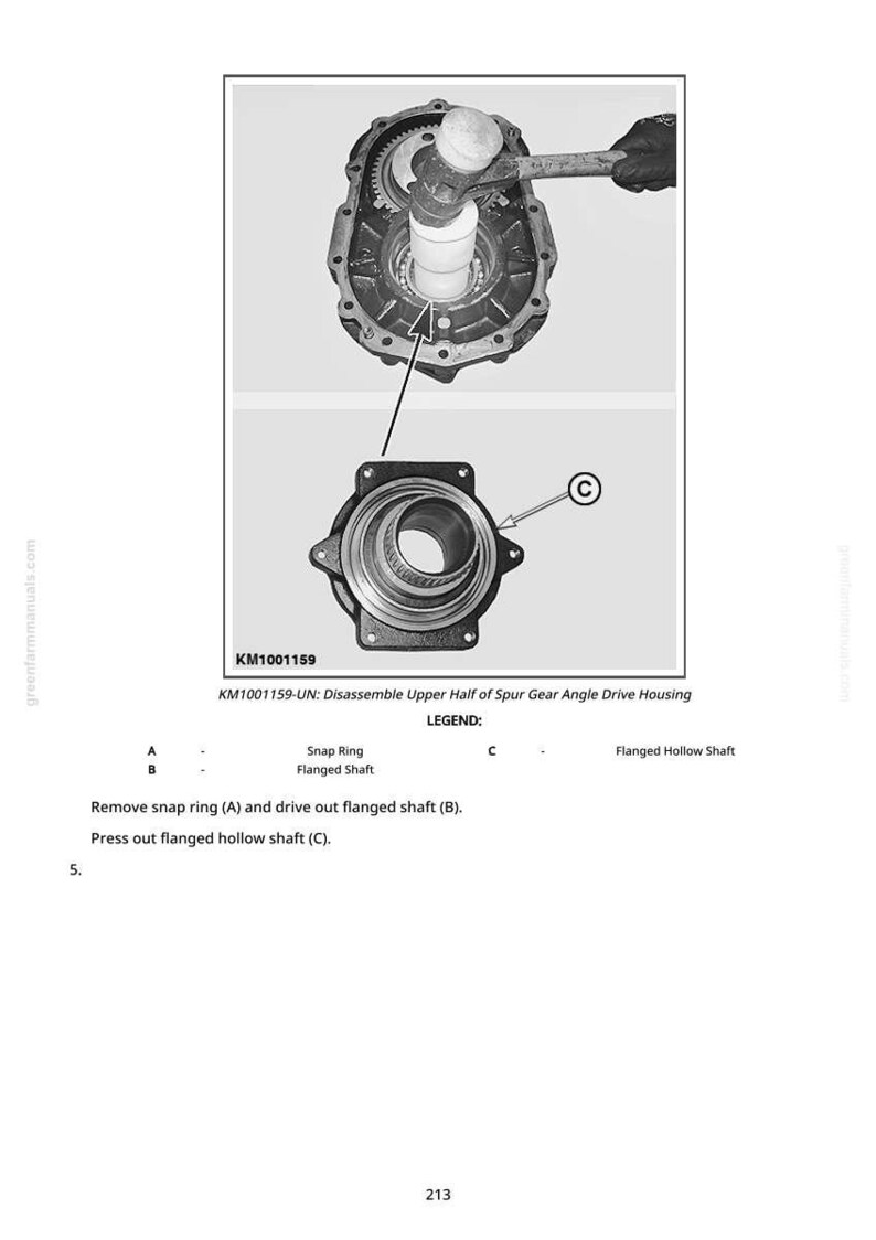 May include: Technical diagram illustrating the disassembly of a spur gear angle drive housing. The image shows the components, including a flanged shaft and snap ring, with labels and instructions for the process. The diagram is in black and white.