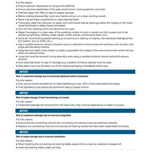 May include: A page from a manual with the title "4 Engine" and "4.6 Crankshaft drive." The text provides notices about engine damage risks, including dirt particles, incorrectly tightened bolts, and reused bearings. It includes safety instructions.
