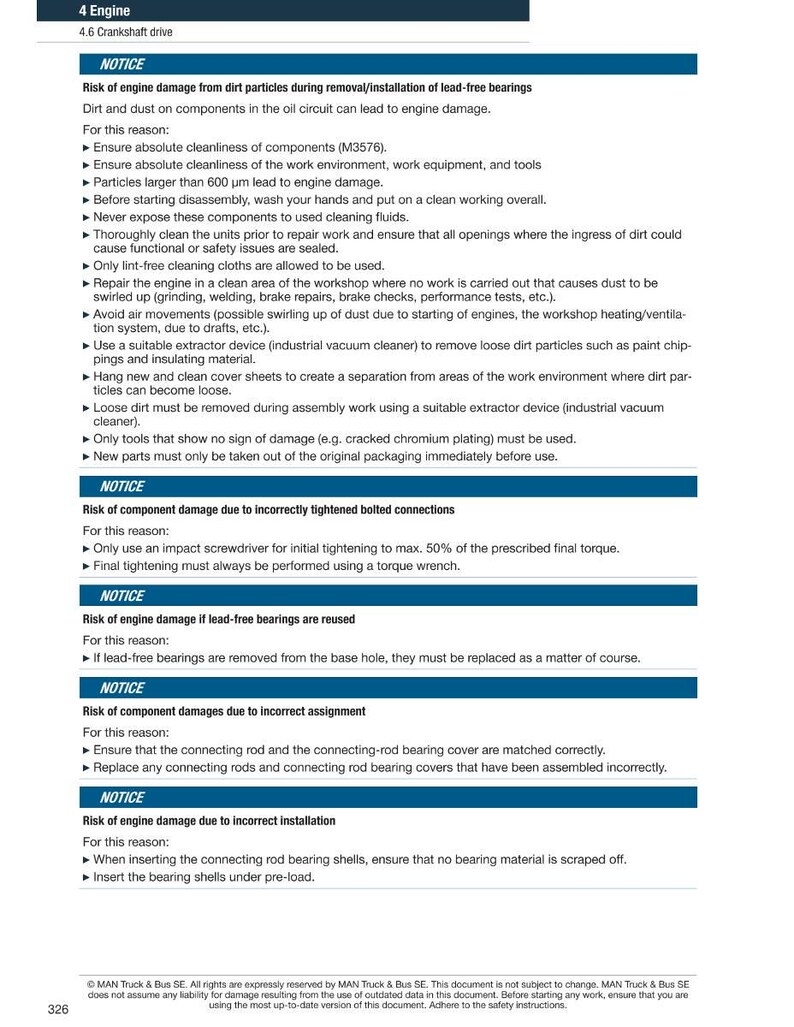 May include: A page from a manual with the title "4 Engine" and "4.6 Crankshaft drive." The text provides notices about engine damage risks, including dirt particles, incorrectly tightened bolts, and reused bearings. It includes safety instructions.