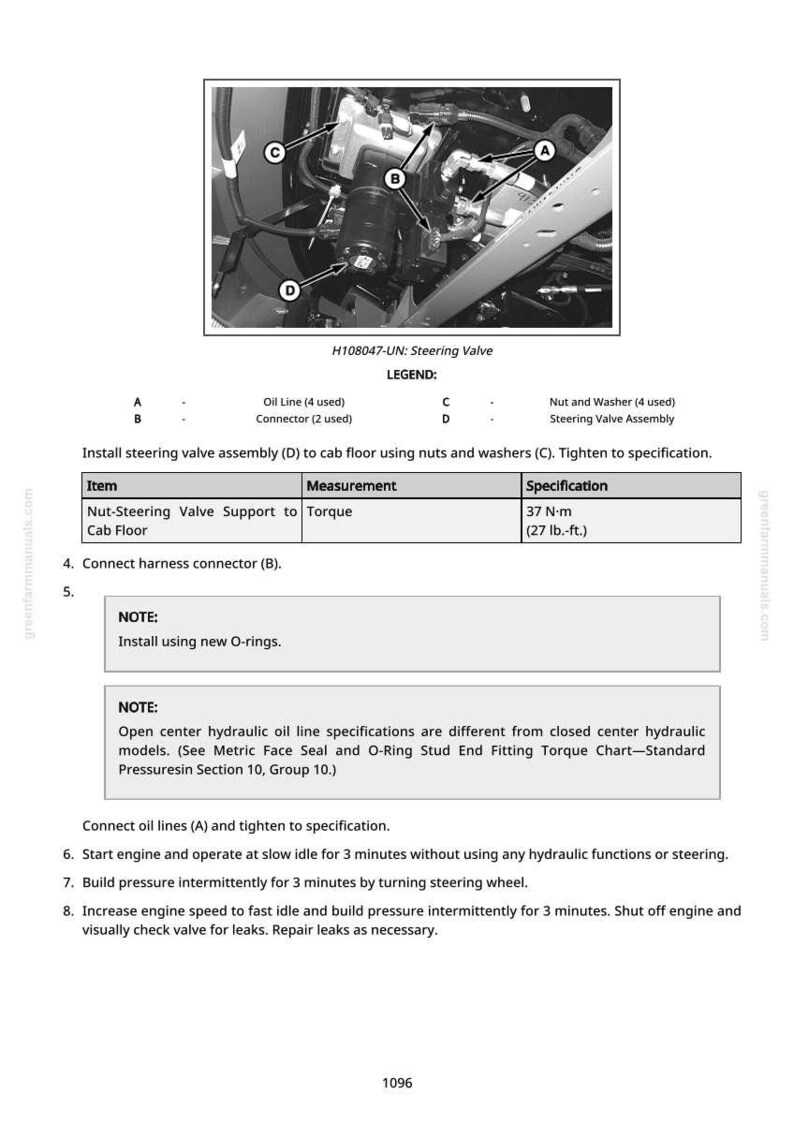May include: Diagram of a steering valve assembly with labels A, B, C, and D. The image includes a legend detailing oil lines, connectors, nuts, washers, and the steering valve assembly. Instructions are provided for installation and operation.