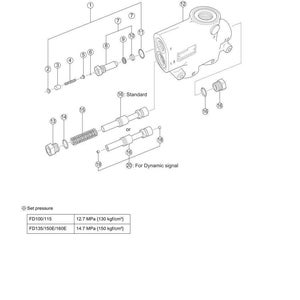 May include: Diagram of a priority valve with labeled components. Includes a table showing set pressure in MPa and kgf/cm&sup2;. The diagram is labeled "Maintenance Standard" and "EX50 Series".
