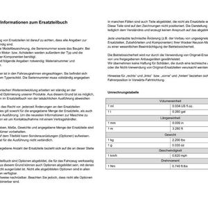Puede incluir: Documento blanco con texto en alem&aacute;n, que incluye una tabla de conversi&oacute;n de medidas. El documento proporciona informaci&oacute;n sobre repuestos, incluidos n&uacute;meros de modelo y especificaciones t&eacute;cnicas. Medidas en cm, kg y km/h.
