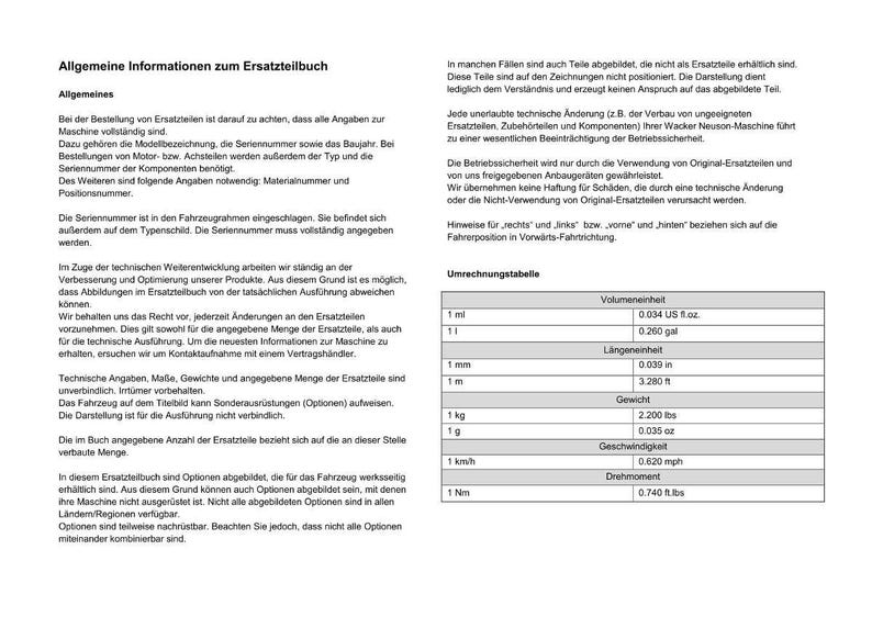 Puede incluir: Documento blanco con texto en alem&aacute;n, que incluye una tabla de conversi&oacute;n de medidas. El documento proporciona informaci&oacute;n sobre repuestos, incluidos n&uacute;meros de modelo y especificaciones t&eacute;cnicas. Medidas en cm, kg y km/h.