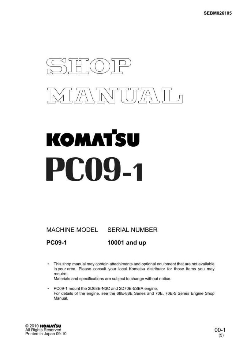 May include: A white shop manual with the text "SHOP MANUAL" at the top. The Komatsu logo and "PC09-1" are prominently displayed. The manual includes machine model and serial number information.