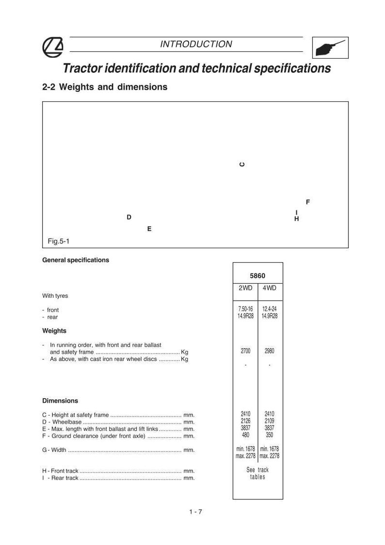 May include: A technical document with the title "Tractor identification and technical specifications." The document includes specifications for the 5860 tractor model, detailing weights, dimensions, and tire sizes. Measurements are in millimeters and kilograms.