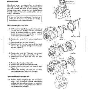 Puede incluir: Diagrama de desmontaje del sistema de direcci&oacute;n, con piezas etiquetadas que incluyen tornillos, juntas t&oacute;ricas y un conjunto de rotor. Las instrucciones detallan los pasos para desmontar las unidades del rotor y de control, con figuras.