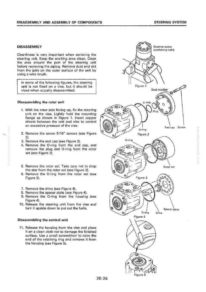 Puede incluir: Diagrama de desmontaje del sistema de direcci&oacute;n, con piezas etiquetadas que incluyen tornillos, juntas t&oacute;ricas y un conjunto de rotor. Las instrucciones detallan los pasos para desmontar las unidades del rotor y de control, con figuras.