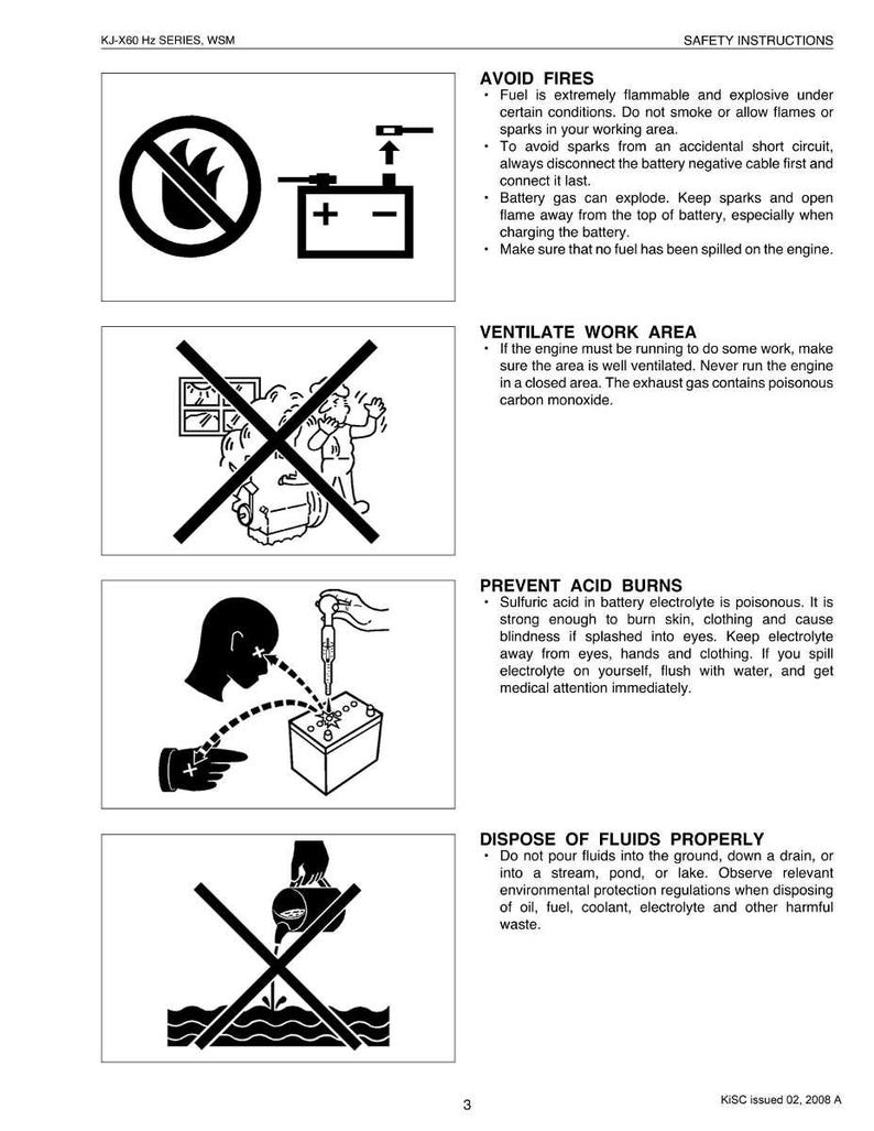 K&ouml;nnte beinhalten: Sicherheitsanweisungen mit Schwarz-Wei&szlig;-Illustrationen. Themen sind das Vermeiden von Br&auml;nden, die Bel&uuml;ftung von Arbeitsbereichen, die Verhinderung von S&auml;ureverbrennungen und die ordnungsgem&auml;&szlig;e Entsorgung von Fl&uuml;ssigkeiten. Text enth&auml;lt Warnungen.