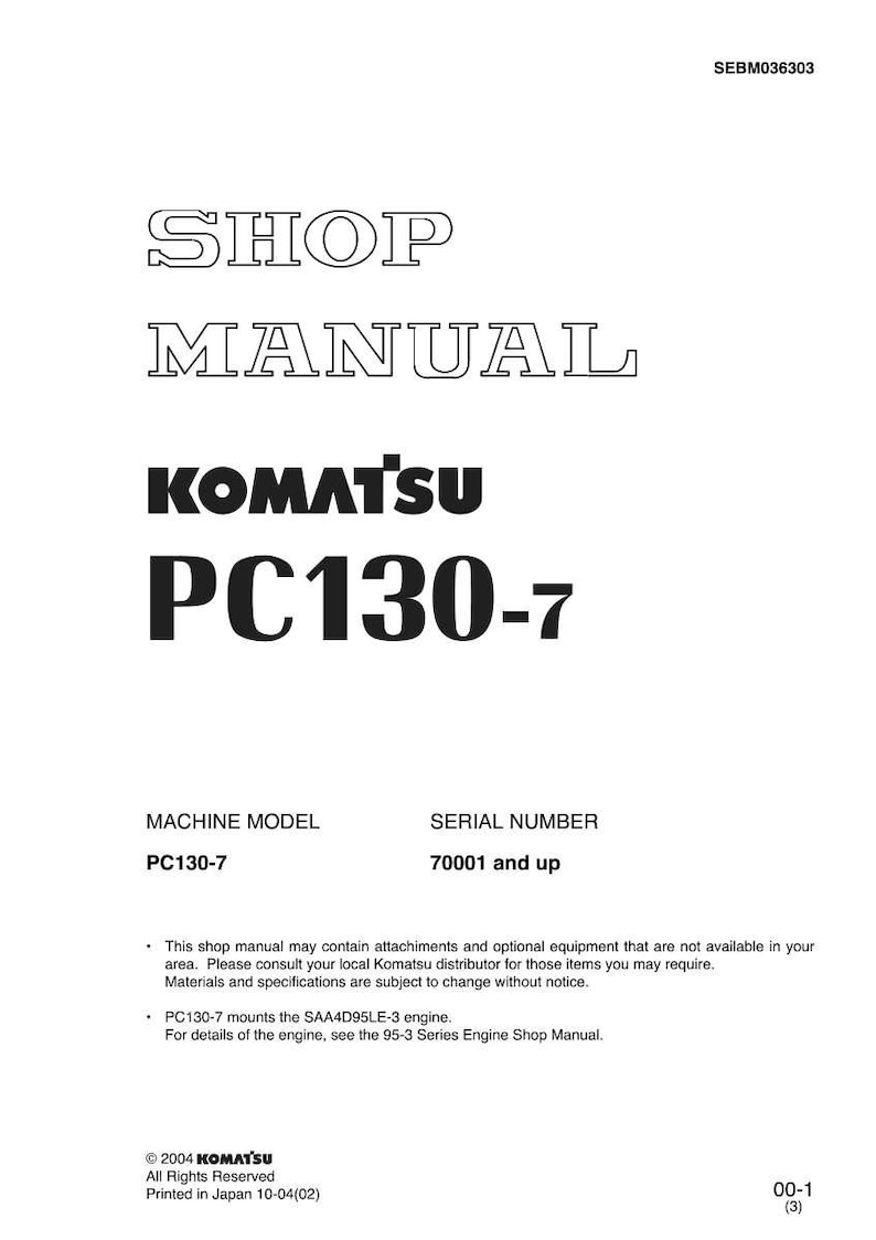 K&ouml;nnte beinhalten: Werkstatthandbuch f&uuml;r Komatsu PC130-7. Das Cover zeigt den Titel "SHOP MANUAL" in fetter Schrift, mit dem Komatsu-Logo und der Modellnummer prominent dargestellt. Enth&auml;lt das Maschinenmodell PC130-7 und die Seriennummer 70001 und h&ouml;her.