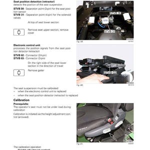 May include: Diagrams and images detailing the calibration of a Fendt Evolution Active operator's seat suspension. Includes close-ups of components like STVB 30, STVB 31, and STVB 02, with instructions and warnings.