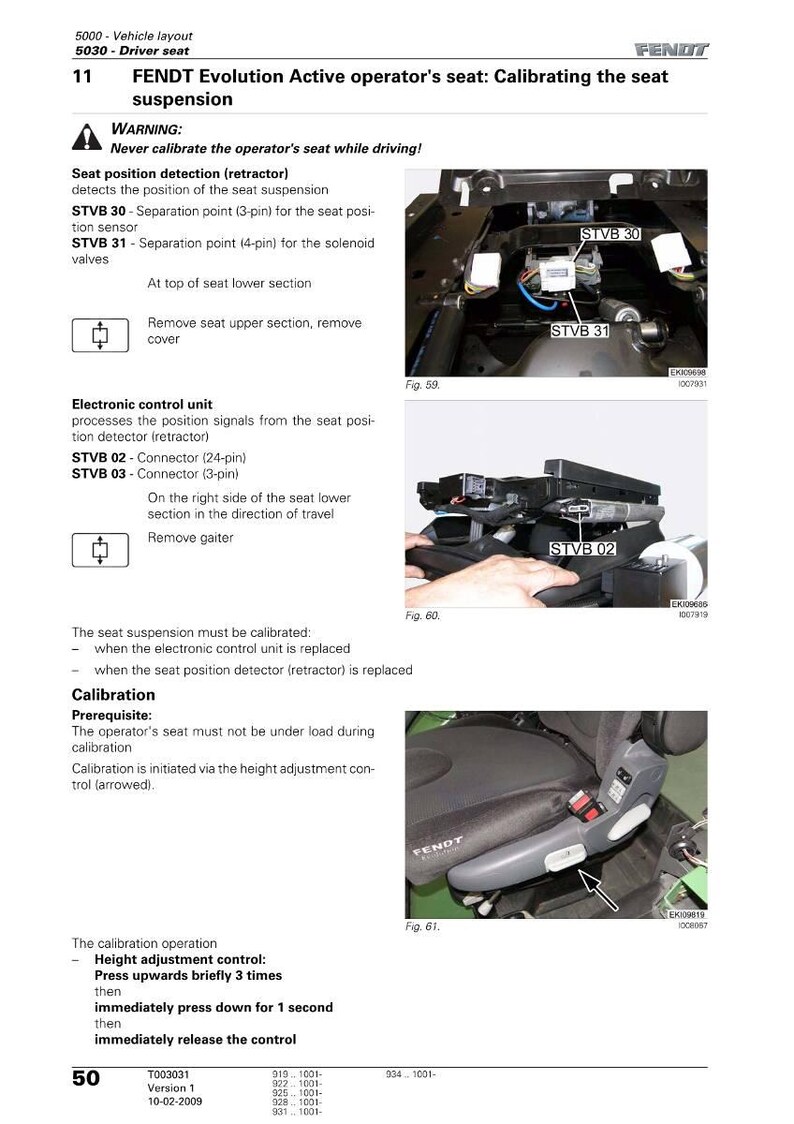 May include: Diagrams and images detailing the calibration of a Fendt Evolution Active operator's seat suspension. Includes close-ups of components like STVB 30, STVB 31, and STVB 02, with instructions and warnings.