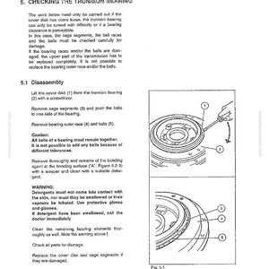 Op de afbeelding: Diagram uit een handleiding met de demontage van een trunnionlager. Het diagram bevat genummerde onderdelen, zoals de afdekschijf, de kooisegmenten en de buitenste lagerring, met bijbehorende tekstinstructies.