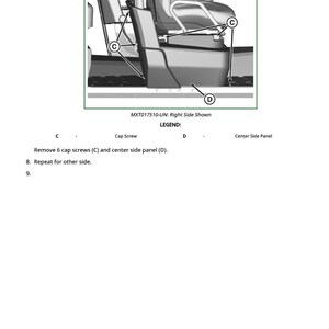 May include: Diagram of a vehicle seat assembly, right side shown. The image includes labels for cap screws (C) and the center side panel (D). Text at the bottom instructs to remove 6 cap screws and the center side panel.
