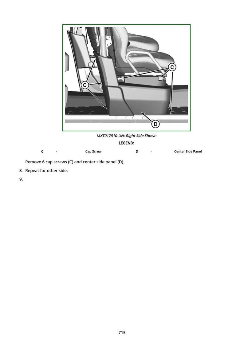 May include: Diagram of a vehicle seat assembly, right side shown. The image includes labels for cap screws (C) and the center side panel (D). Text at the bottom instructs to remove 6 cap screws and the center side panel.
