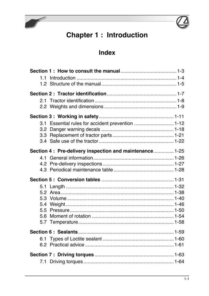 May include: A page from a manual titled "Chapter 1: Introduction" with an index listing sections on tractor operation, safety, and maintenance. The index includes topics like weights, dimensions, and conversion tables.