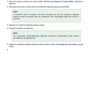 May include: A page from a manual detailing the steps to remove and install an air conditioning high/low pressure switch. The text includes instructions, notes, and references to other manuals.