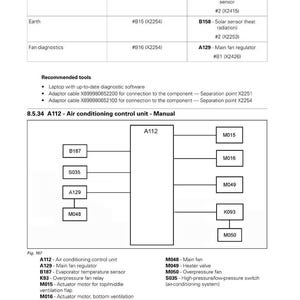 May include: Diagram of an electrical system with pin assignments and recommended tools. The diagram includes components like the air conditioning control unit, sensors, and fan regulators. The FENDT logo is visible.