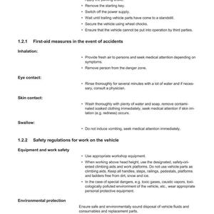May include: A white document with safety regulations, including first-aid measures and work safety guidelines. The Weidemann logo is in the upper right corner. Text includes instructions for vehicle operation and environmental protection.