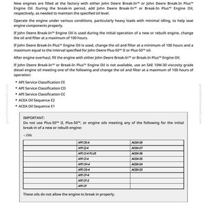 May include: A manual page detailing diesel engine break-in oil specifications. The text lists requirements for engine oil, including API and ACEA classifications, and provides instructions for use and maintenance.