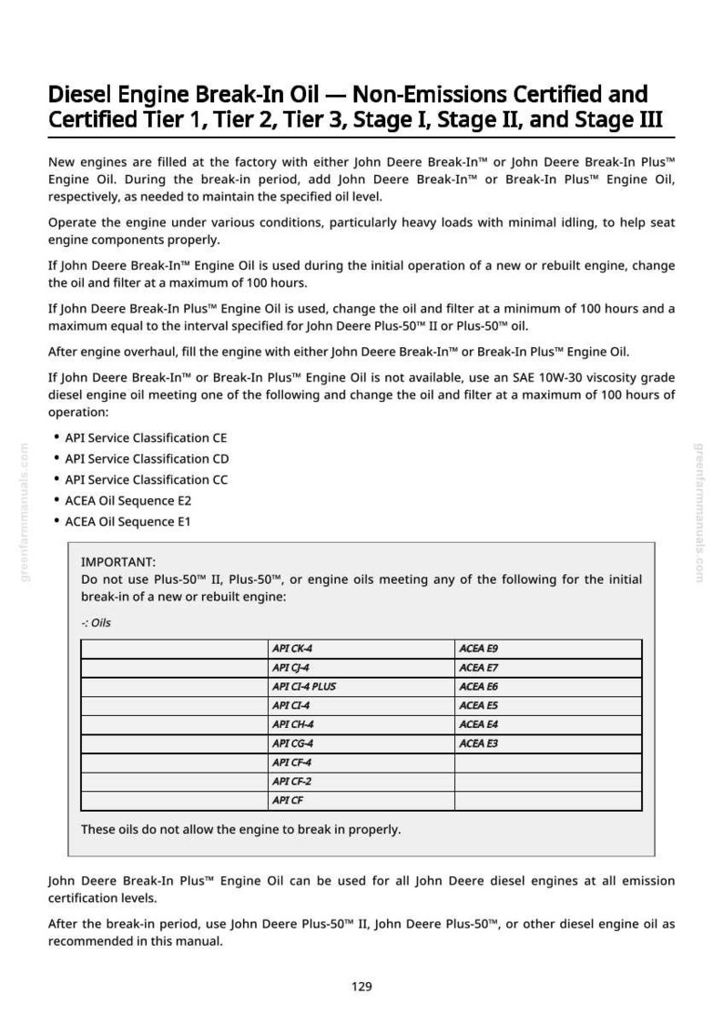 May include: A manual page detailing diesel engine break-in oil specifications. The text lists requirements for engine oil, including API and ACEA classifications, and provides instructions for use and maintenance.