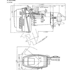 Op de afbeelding: Technische tekening van een Diesel 27 scheepsmotor, met het label "YANMAR". De tekening toont afmetingen in mm en inches, met bovenaanzicht en zijaanzicht. De tekst "Exterior View" wordt weergegeven.