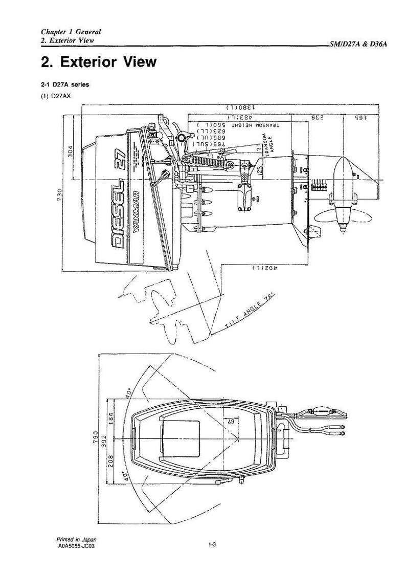 Op de afbeelding: Technische tekening van een Diesel 27 scheepsmotor, met het label "YANMAR". De tekening toont afmetingen in mm en inches, met bovenaanzicht en zijaanzicht. De tekst "Exterior View" wordt weergegeven.