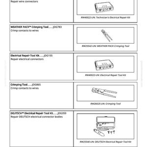 May include: Image of essential tools for electrical system repair. Includes a Technician's Repair Kit, Weather Pack Crimping Tool, Electrical Repair Tool Kit, Crimping Tool, and DEUTSCH Electrical Repair Tool Kit. Each tool is displayed with its corresponding product code.