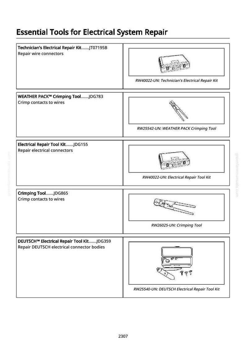 May include: Image of essential tools for electrical system repair. Includes a Technician's Repair Kit, Weather Pack Crimping Tool, Electrical Repair Tool Kit, Crimping Tool, and DEUTSCH Electrical Repair Tool Kit. Each tool is displayed with its corresponding product code.