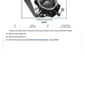 May include: Technical diagram showing a mechanical assembly with a housing, swash plate, and cover plates. The image is annotated with numbers and text, offering guidance for assembly and inspection. The text provides instructions for removing parts and refers to a hydrostatic pump inspection.