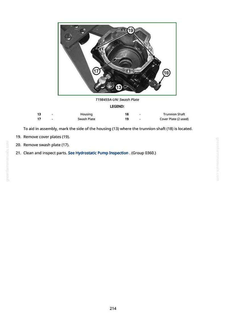 May include: Technical diagram showing a mechanical assembly with a housing, swash plate, and cover plates. The image is annotated with numbers and text, offering guidance for assembly and inspection. The text provides instructions for removing parts and refers to a hydrostatic pump inspection.