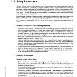 May include: A technical document with safety instructions for a machine, including sections on regulations and general safety. The document is from Liebherr and includes information on operating, maintenance, and personnel training.