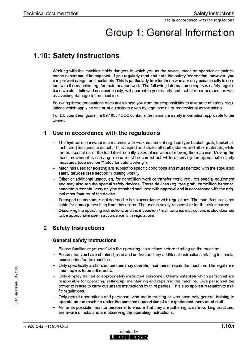 May include: A technical document with safety instructions for a machine, including sections on regulations and general safety. The document is from Liebherr and includes information on operating, maintenance, and personnel training.