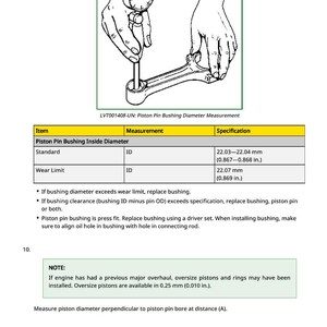 May include: Diagram illustrating piston pin bushing diameter measurement with a dial indicator. Specifications include standard inside diameter of 22.03-22.04 mm (0.867-0.868 in.) and wear limit of 22.07 mm (0.869 in.).