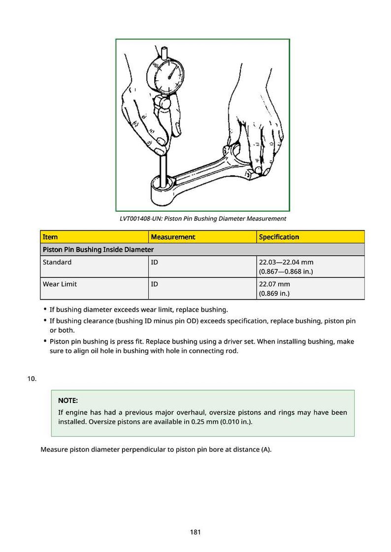 May include: Diagram illustrating piston pin bushing diameter measurement with a dial indicator. Specifications include standard inside diameter of 22.03-22.04 mm (0.867-0.868 in.) and wear limit of 22.07 mm (0.869 in.).