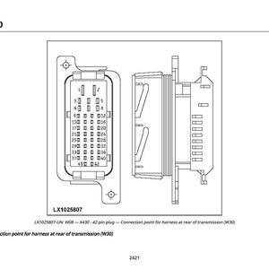 May include: Diagram of a 42-pin plug connection point for a harness at the rear of a transmission (W30). The diagram is black and white and includes a detailed illustration of the plug and its internal components, with numbered pin locations.