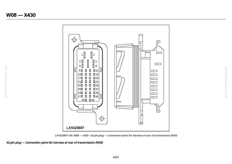 May include: Diagram of a 42-pin plug connection point for a harness at the rear of a transmission (W30). The diagram is black and white and includes a detailed illustration of the plug and its internal components, with numbered pin locations.