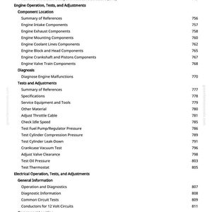 May include: A detailed table of contents from a manual, listing various engine operation, tests, and adjustments. The text includes sections on components, diagnosis, and electrical systems, with page numbers.