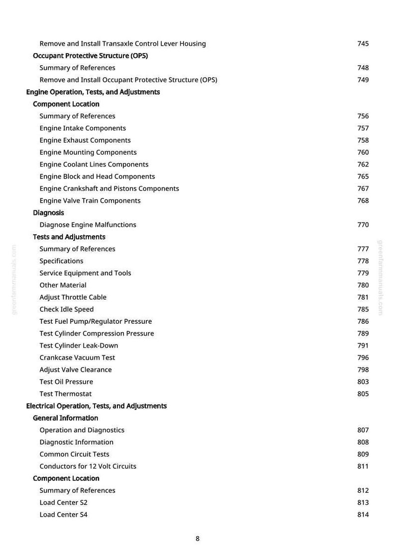 May include: A detailed table of contents from a manual, listing various engine operation, tests, and adjustments. The text includes sections on components, diagnosis, and electrical systems, with page numbers.